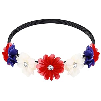 4th of July Patriotic Chiffon Flower Crown Headband for Women Independence Day Rhinestone Decor Stretch Floral Headpiece Multicolor-B, 2 Pcs