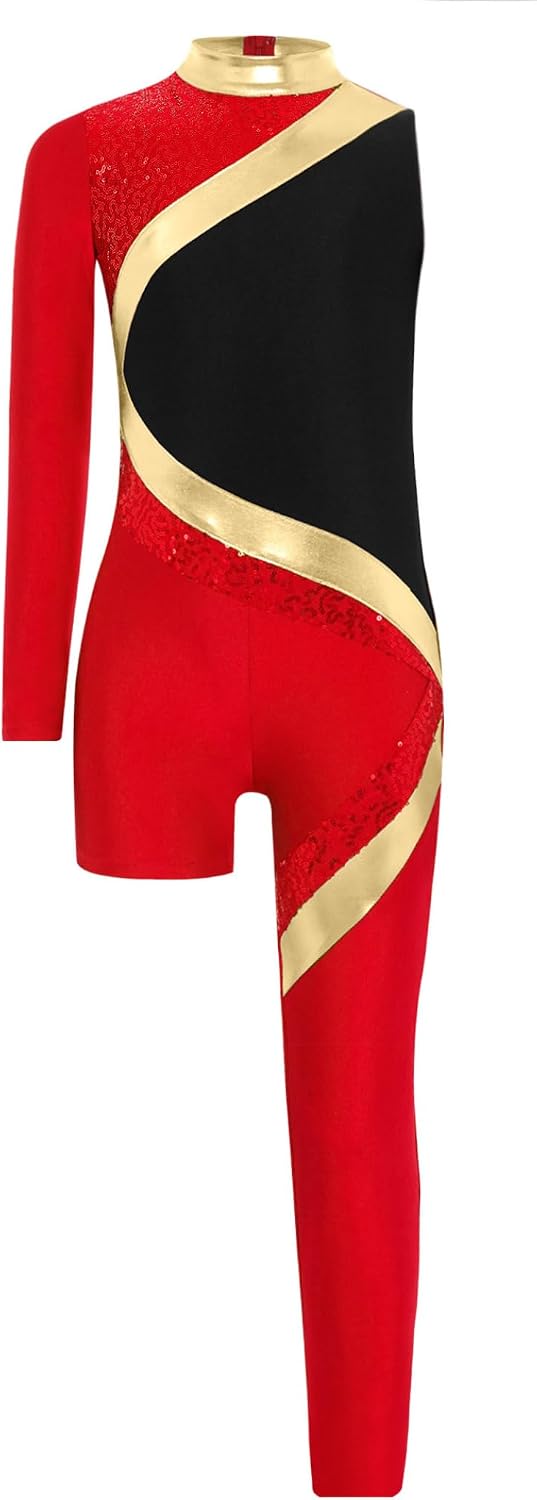 Kids Girls Gymnastics Dance Leotard Asymmetrical Long Sleeve Full Body Unitard Ice Skating Jumpsuit