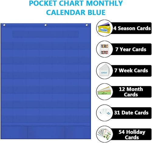 Miniatura 3 de Eamay Calendario mensual de bolsillo para aula con 43 bolsillos, 3 bolsillos de almacenamiento para facilitar la pared o soporte (azul)