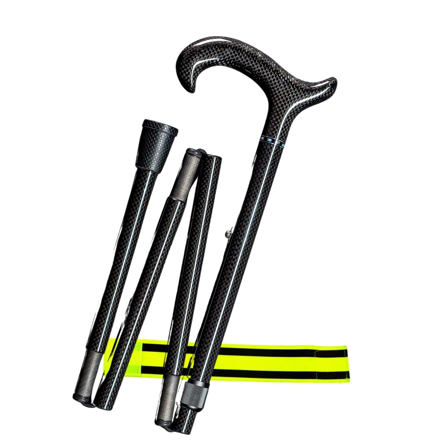 Gastrock - Bastón Plegable de Carbono de 4 Piezas, Altura Ajustable, Mango ergonómico en L Derby, Acabado Brillante, superligero, Solo 270 g, soporta hasta 110 kg + Pulsera Olanmarp con Rayas