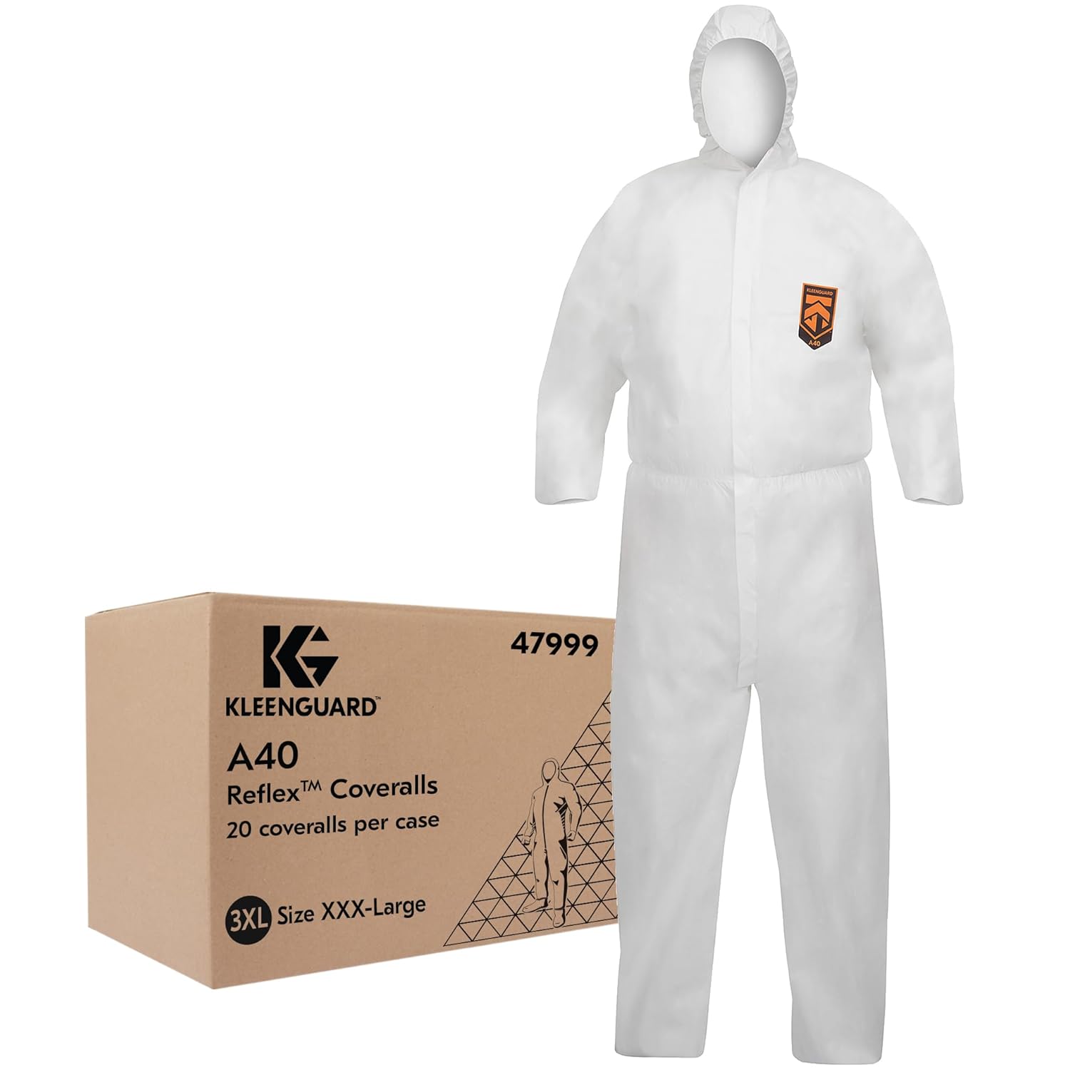 KleenGuard A40 Reflex Liquid & Particle Protection Coveralls (47999), Respirator Fit Hood, Storm Flap Zip Front, Elastic Waist, Wrists & Ankles with Thumb Loops, White, 3XL, 25 Garments/Case