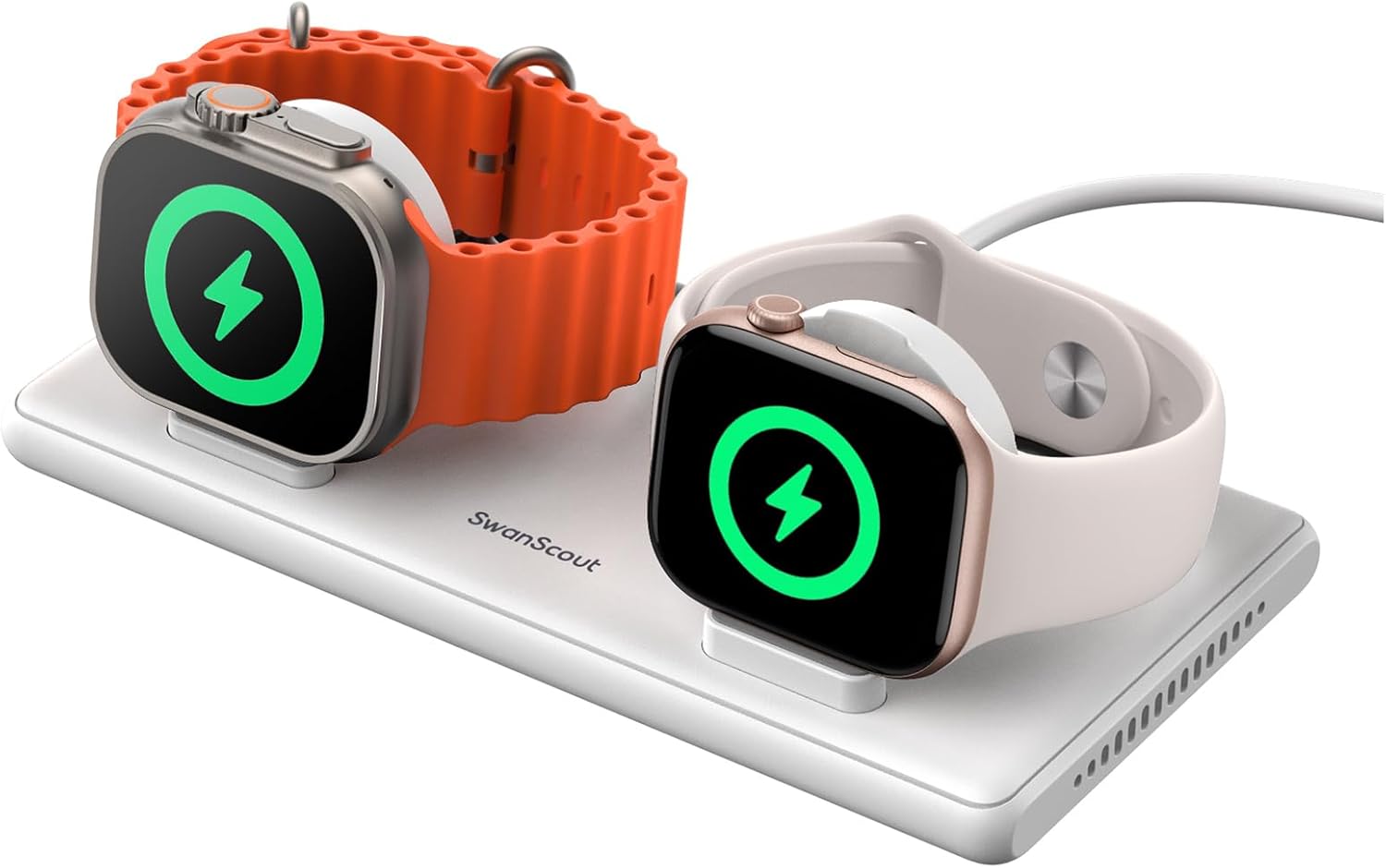 SwanScout Dual Charger for Apple Watch 11/Ultra 3/SE 3/Ultra 2/Ultra/SE 2/SE/10/9/8/7/6/5/4/3/2, Portable Charging Dock for 2 Apple Watches, SwanScout 507DA (White)