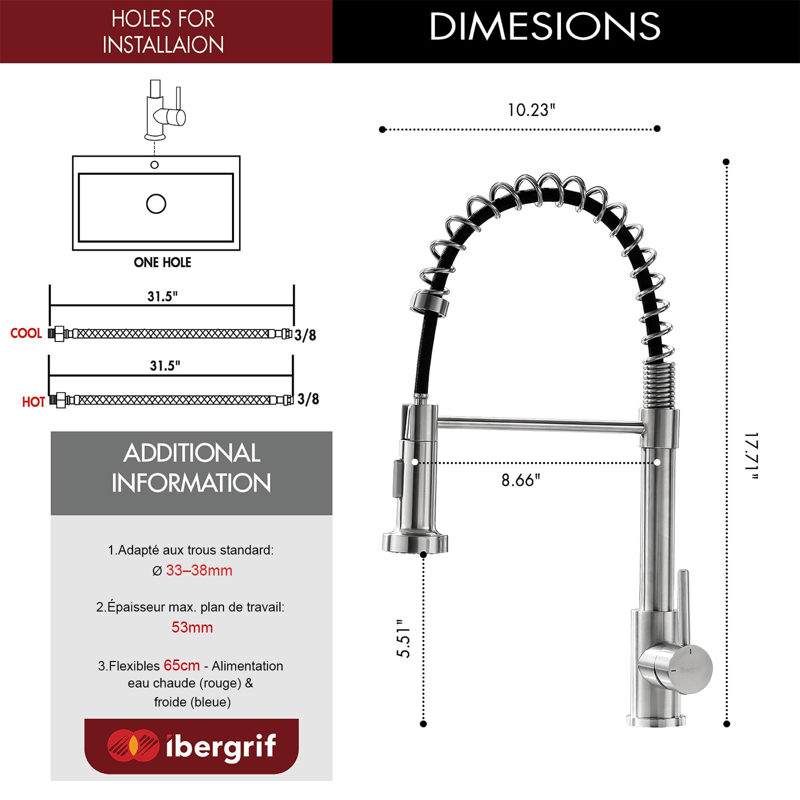 Ibergrif Robinet Cuisine, Mitigeur Cuisine Avec Douchette Extractible, Robinet D'Évier À Arc Élevé Rotatif À 360°, Avec Deux Fonctions De Pulvérisation, Acier Inoxydable, M22143A