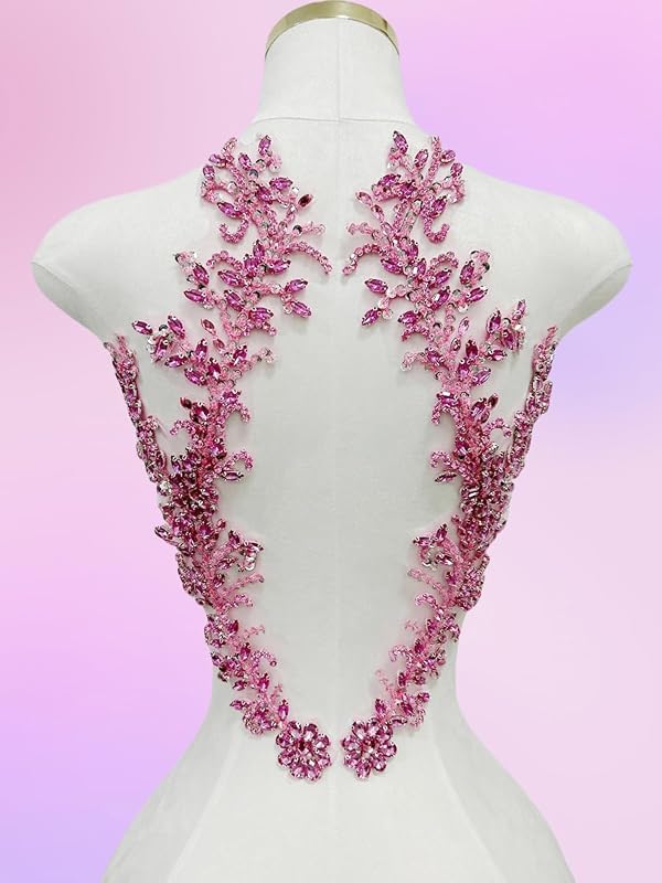 Handmade Beaded Crystal Patches with Rhinestone Applique Designs for Prom Formal Dress 1pair/Bag (Pink) by ArtistryXB - Used condition - Image 2