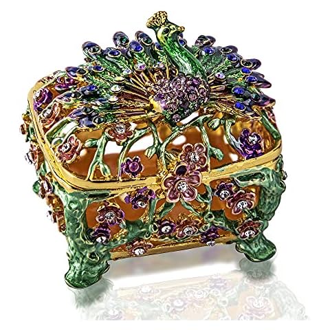 YU FENG Caja de abalorios con bisagras de cristal esmaltado con joyas de pavo real Cover