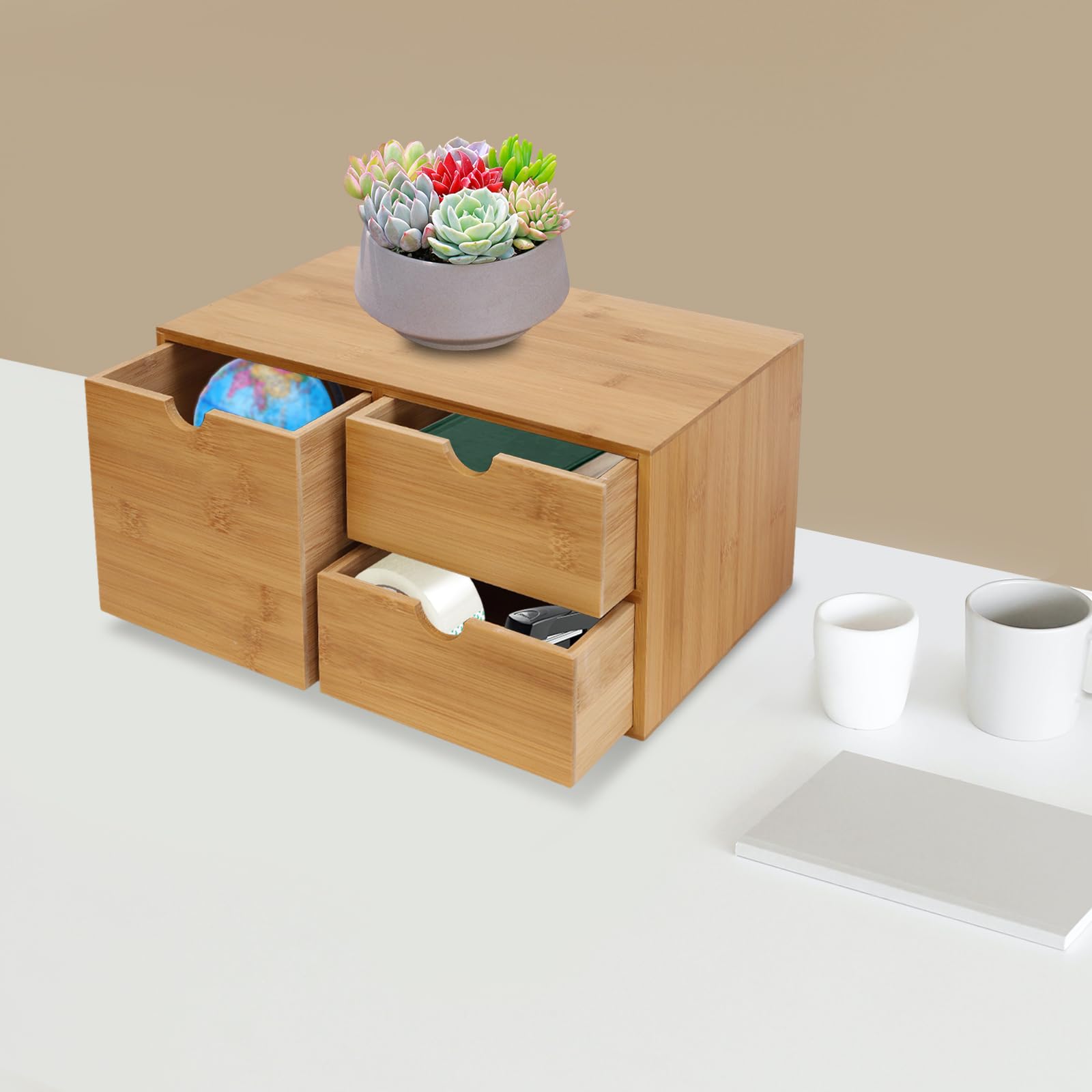 Organizador de escritorio de bambú con 3 cajones – Caja de almacenamiento multifuncional para oficina y hogar, organizador de escritorio natural con asas