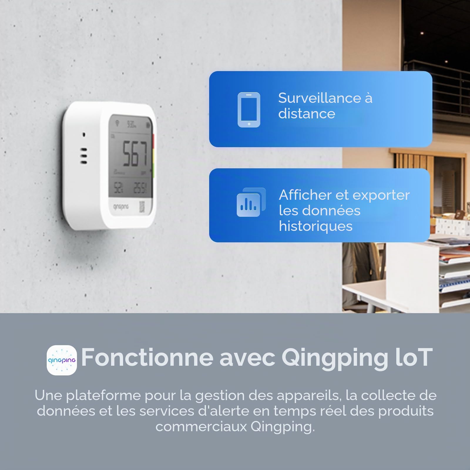 Qingping Thermomètre hygromètre détecteur de CO2, surveillance à distance via Qingping IoT, moniteur de température et d'humidité pour différents scénarios, notification d'alerte rapide