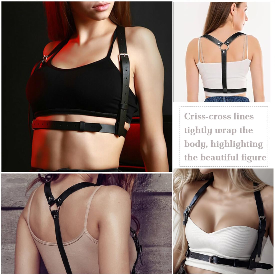Punk Cinturón de Arnés de Cintura para Mujer, Cuerpo de Cuero Cadena de Pecho Gótico, Cinturón Joyería Corporal Ajustable, Cuerpo de Cuero PU Cadena de Pecho, para cosplay, Fiesta, negro
