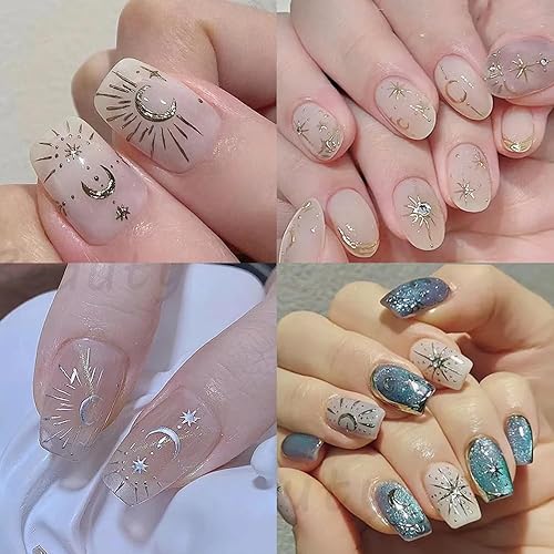Miniatura 7 de 12 calcomanías de arte de uñas de estrella plateada aurora, luna y estrella 3D, calcomanías de uñas para mujeres, calcomanías de uñas de estrella de