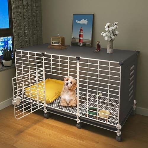 VEKAZこの犬用クレートは、お手入れが簡単で、蓋が一体型で、大容量、組み立ても簡単です。このペットクレート/ベビーサークルは、小型犬から中型犬に最適です (ブラック,3グリッドプーリー(フットパッド+トレイ+取り付けツール+ケージ))