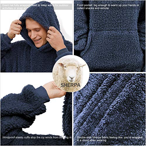 Ililmmoe Sherpa Wearable Blanket Oversized Hoodie Sweatshirt Tv Blanket With Long Sleeves And Pocket-Navy #TOP5