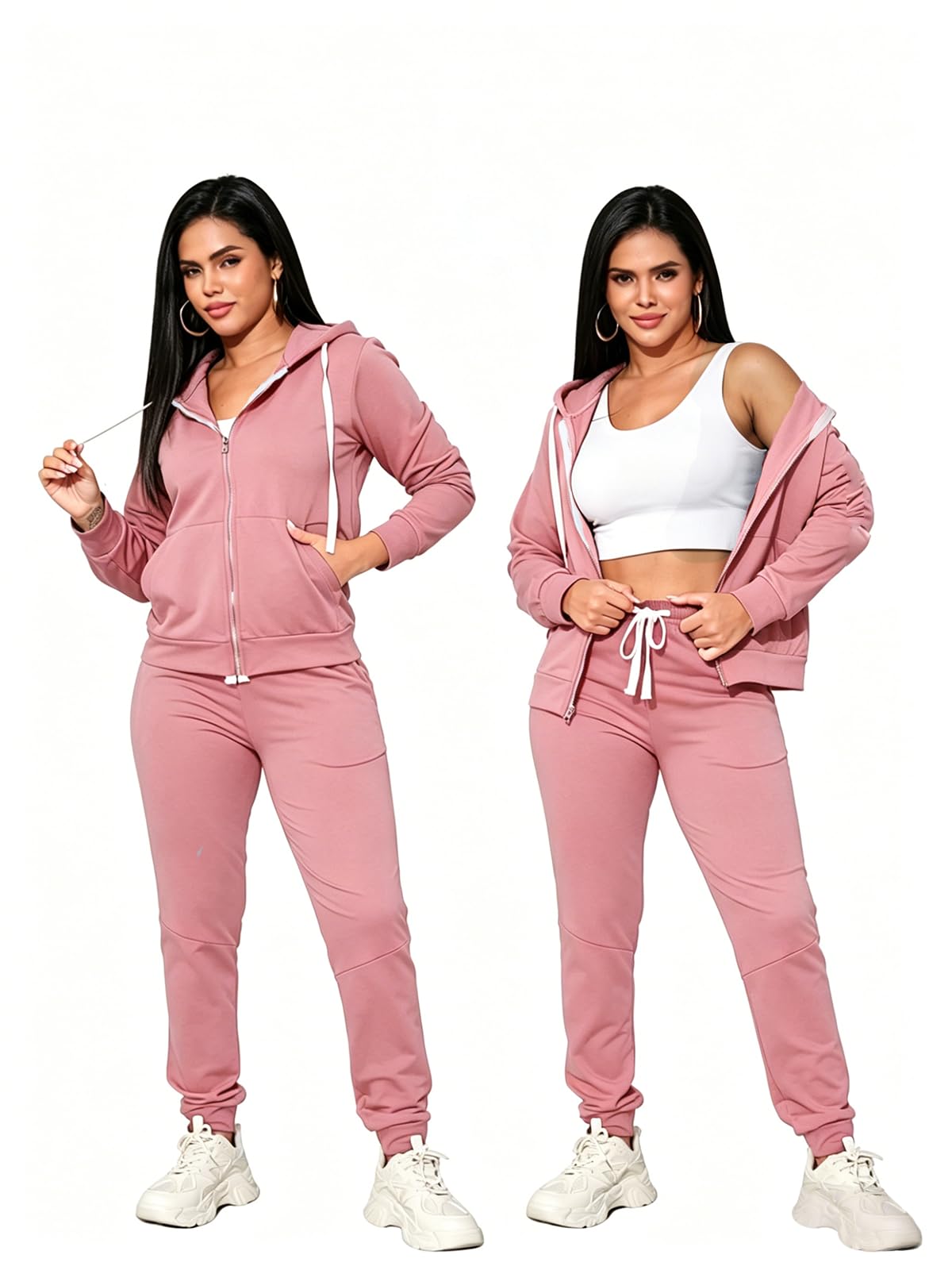 TUVEKE Chándal de 2 piezas para mujer, sudadera con capucha y cremallera para otoño, manga larga, casual, tallas S a 2XL
