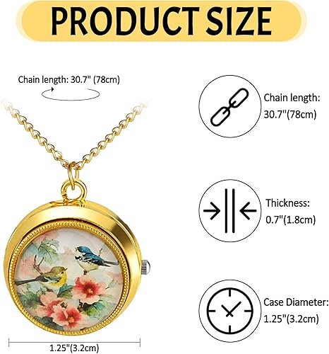 Miniatura 6 de JewelryWe Reloj de bolsillo vintage para mujer, clásico, chapado en oro, redondo, analógico, de cuarzo, collar con cadena, para Navidad