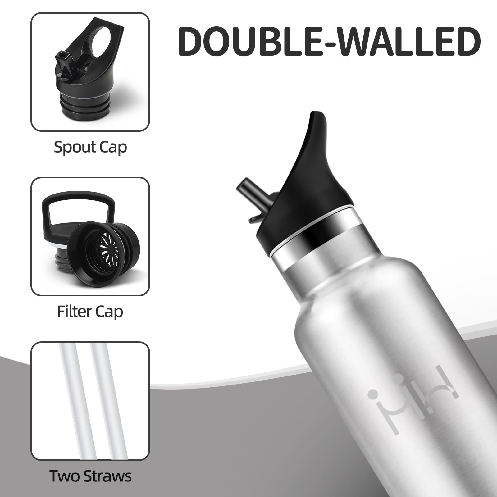 Borraccia Termica, 1000 ml Senza BPA, Borracce Termiche, 18/8 Acciaio Inossidabile, Borraccia Acciaio Inox, Bottiglia Acqua Con Cannuccia e 2 Coperchi, Borracce per Palestra - Acciaio inossidabile