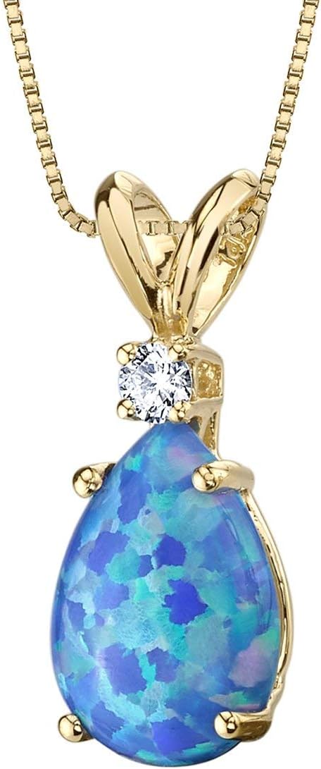 PEORA 14K Yellow Gold Created Blue Opal Pendant and matching Earrings - Pear Shaped Diamond Pendant 1 Carat + Pear Shaped Created Blue Opal Stud Earrings 1 Carat