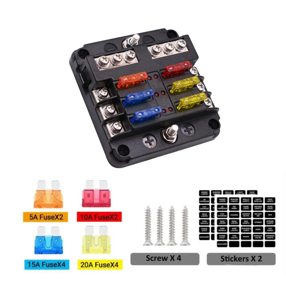 6 Way 12v Fuse Blocks, Waterproof Marine Fuse Block, Universal Fuse Box with LED Warning Indicator Damp-Proof Cover, 6 Circuits with Negative Bus Fuse Holder for Golf Cart RV Truck DC 12-24V
