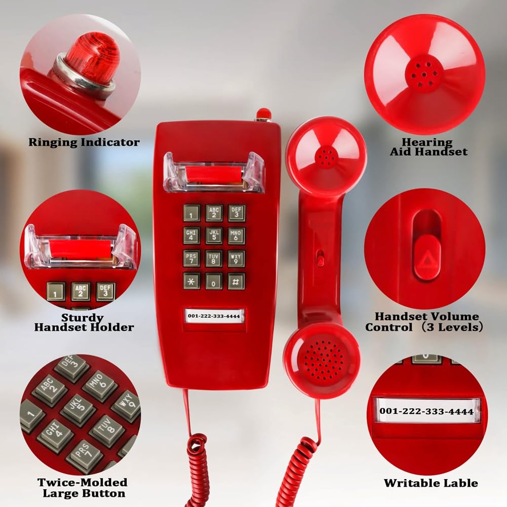 Malloy Klasyczne telefony stacjonarne z mechanicznym dzwonkiem, liniowy telefon ścienny 2554 ze wskaźnikiem poczty głosowej, łatwa instalacja, czerwone