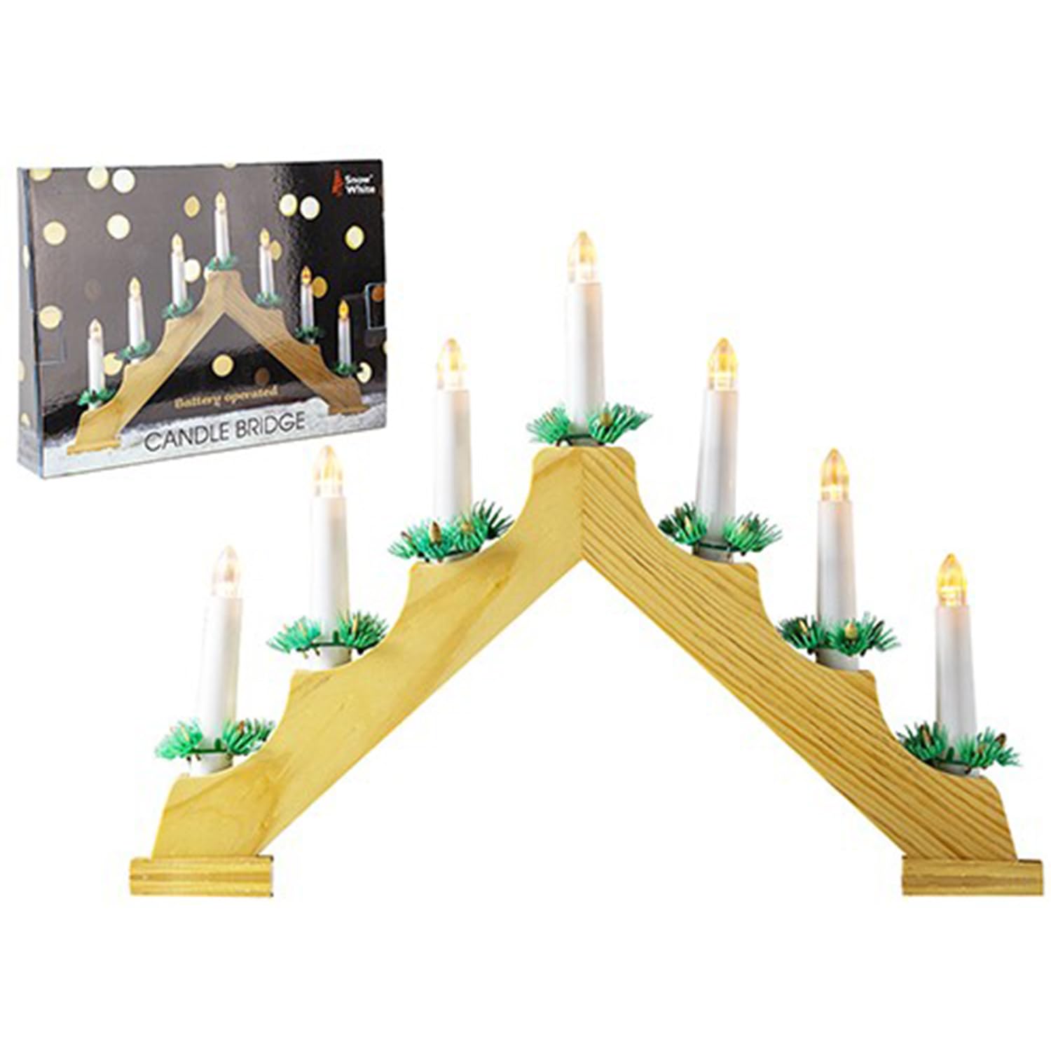 Pms Warm White Christmas Decoration Wooden 40Cm Battery Led 7 Light Candlebridge