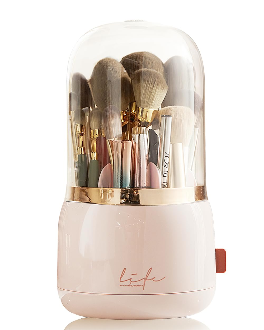 Lebenrich Light Pink Rotating Makeup Brush Holder Organizer With Lid, Pink Spinning Brush Holder Makeup Organizer With Clear Cover, Acrylic Cosmetics Make Up Brushes Storage Cup Container For Vanity