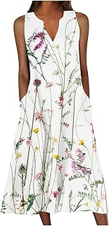Women's Summer Design Casual Dress Sleeveless V-Neck Dress with Pockets Loose Flowy Swing Pleated Long Beach Dress - Buy now