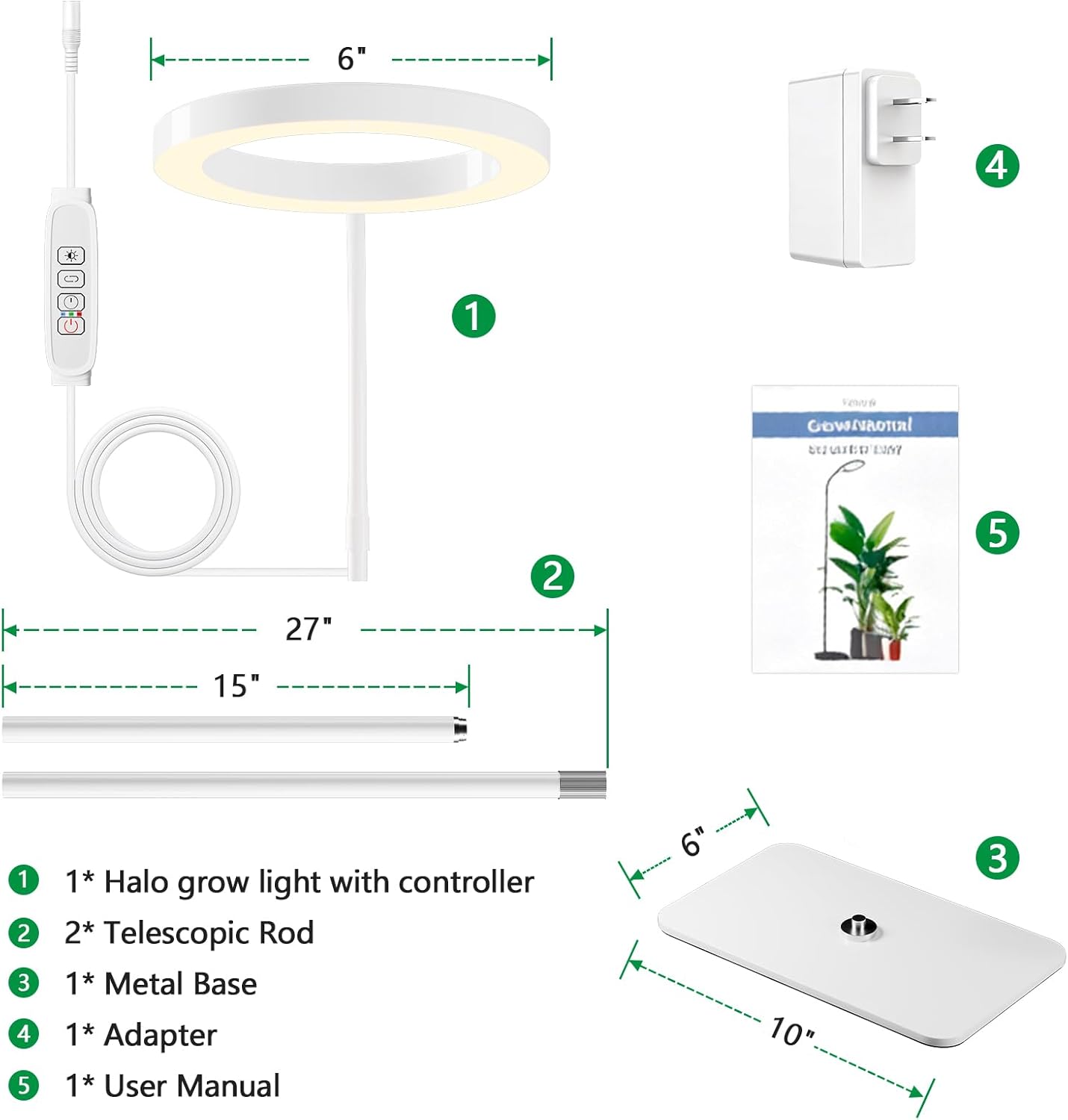 One Head Grow Light for Indoor Plants Full Spectrum - Floor Standing Plant Lamp with Auto Timer 6/12/18H, 5-Level Dimmable & Adjustable Height 16.5-68in for Large Tall Plants | White