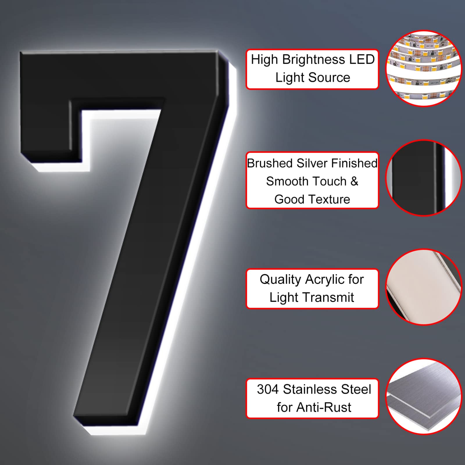Moderne Hinterleuchtete LED-beleuchtete Hausnummer Aus Edelstahl Beleuchtetes Adressschild Hausnummern LED-beleuchtete Leuchtende Hausnummern