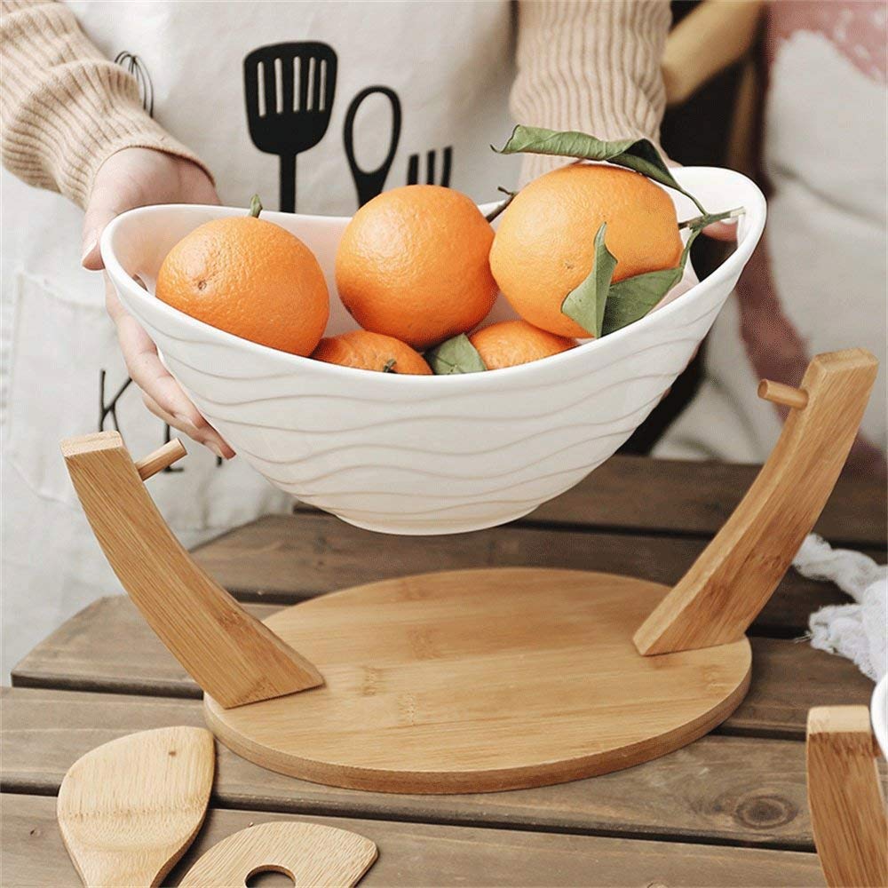 Créatif Bol De Fruits avec Support en Bambou, Berceau Saladier Bol à Collation Aux Fruits Vaisselle en Céramique Blanc,White-32cm(12.8inch)