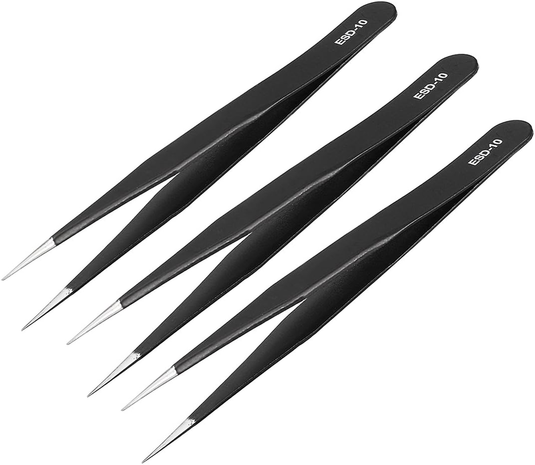 uxcell ESD-10 Tweezers, Anti-Static Stainless Steel Non-magnetic Straight Pointed Tip for Craft Electronics, 4.8" Overall Length 3 Pcs