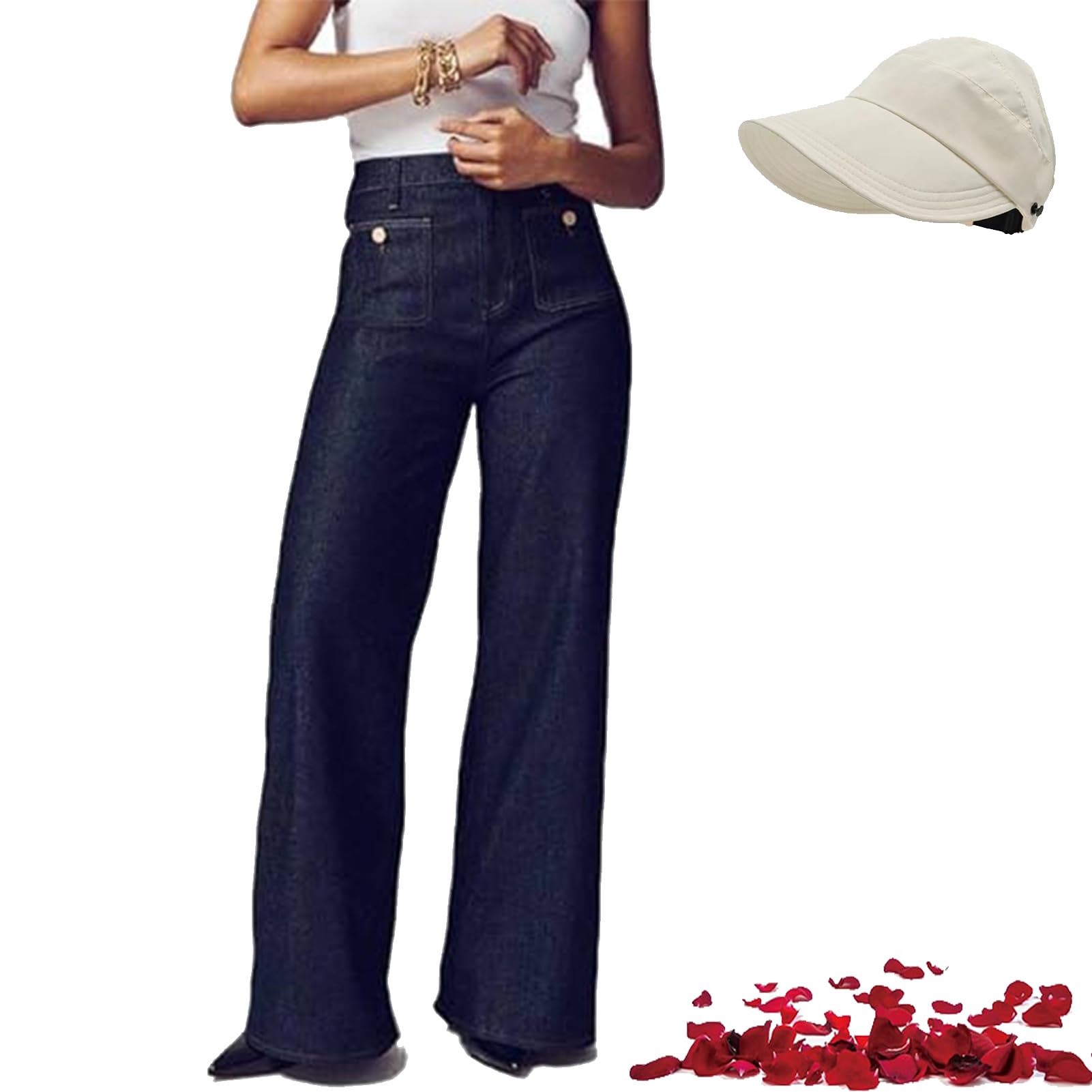 Tummy Control Sailor Wide Leg Trouser Womens Casual High Waist Straight LegStretch Pants with Pocket