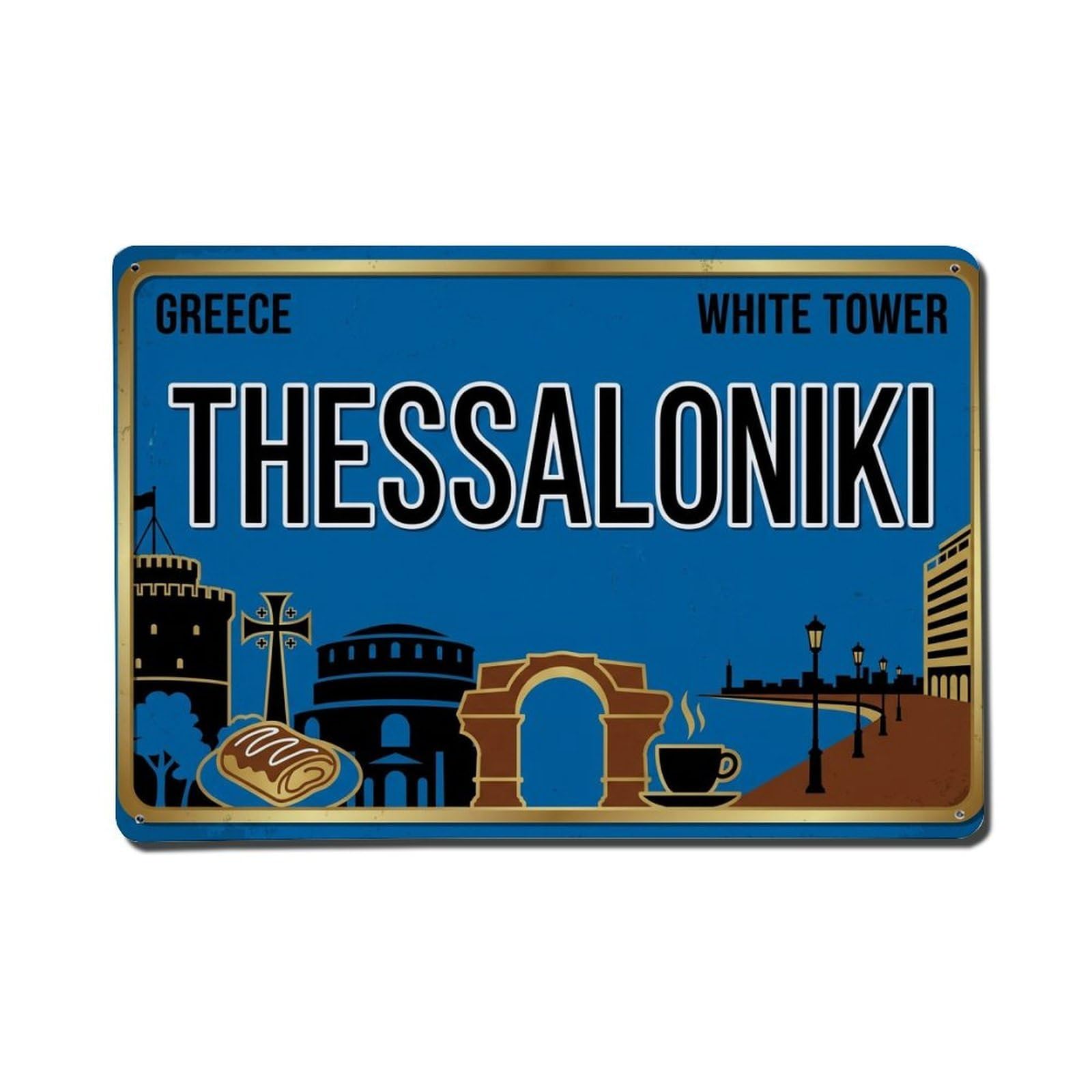 Vintage Travel Thessaloniki Greece Tower Waterfront Metal Tin Sign