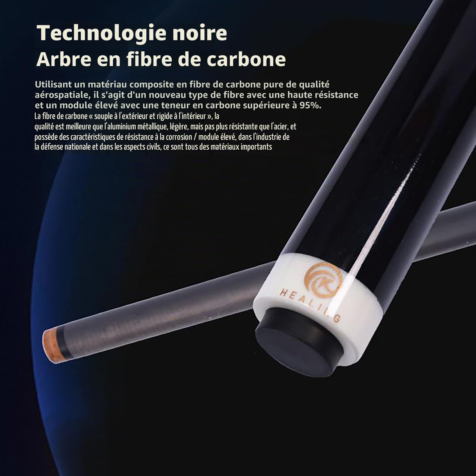 Excellentes performances : ce billard professionnel en fibre de carbone de 147 cm est équipé d'une tête de 12,4 mm, pèse 19 ~ 20 oz et est adapté pour les boules noires huit et neuves.