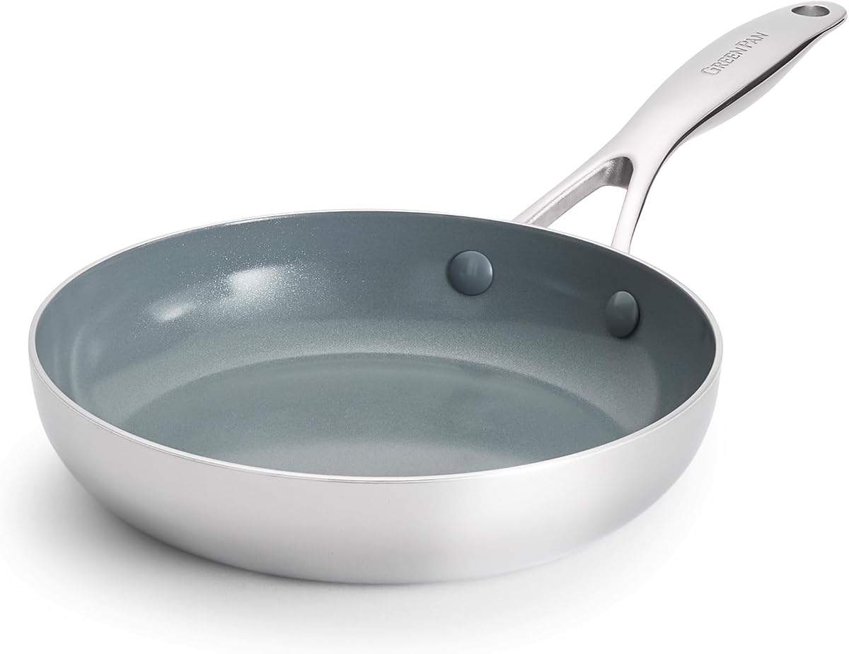 Valencia Pro Tri-Ply Stainless Steel 8” Frying Pan Skillet, PFAS-Free Ceramic Nonstick Coating, Induction Ready Cookware, All Cooktops, Eggs & Omelets, Dishwasher & Oven Safe 600F