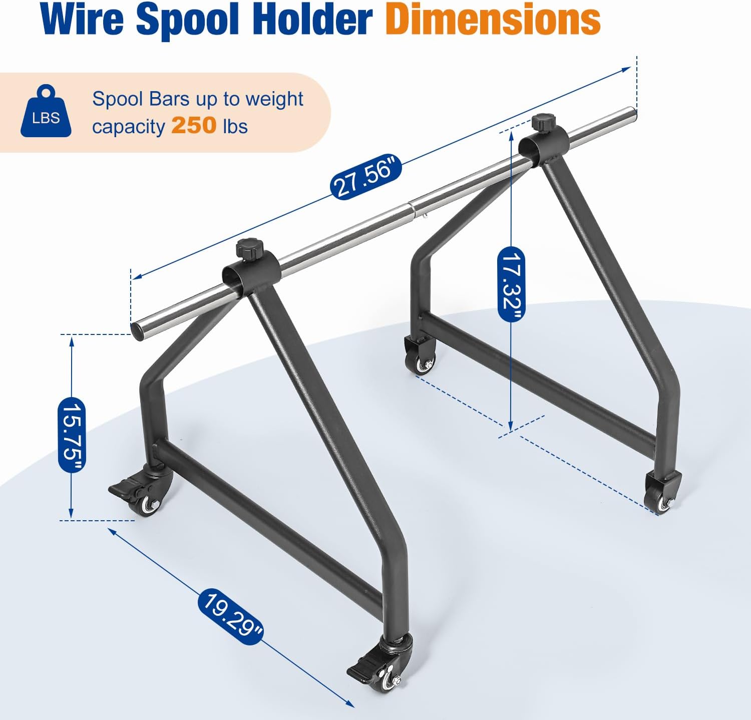 Wire Spool Rack with Wheels, Portable Cable Caddy Holds 28" Spools 250 lbs, Industrial Steel Welded Frame Includes Spool Bars