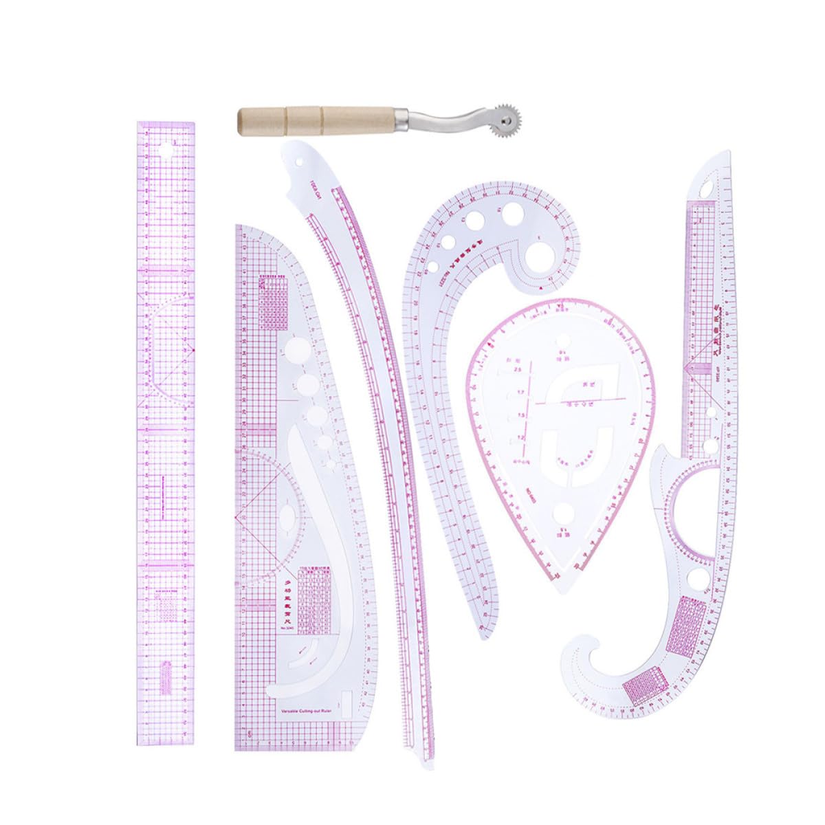 Set di 7 Righelli Sartoriali in Plastica per Disegno e Taglio Abbigliamento Misure Curve per Polsini, Colli e Tasche, Strumenti per Sartoria e Modellismo