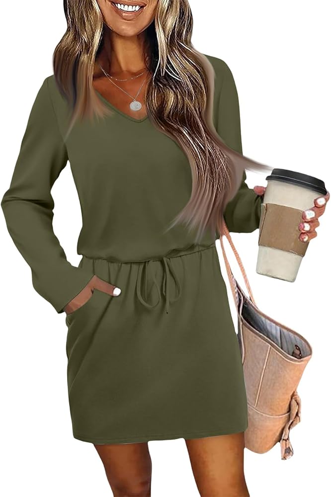 FlekmanArt Fall Dresses for Women V Neck Long Sleeve Dress 2025 Loose T  Shirts Fashion Sundresses Tie Front A-Line Dresses Army Green at Amazon Women's  Clothing store