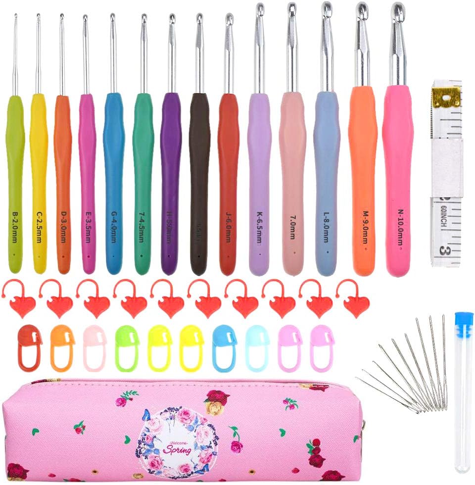 LOOEN Crochet Hooks Set, 14-Piece Ergonomic, Soft, Non-Slip Yarn Crochet Hook with Rubber Handles, Ideal for All Types of Patterns and Yarns
