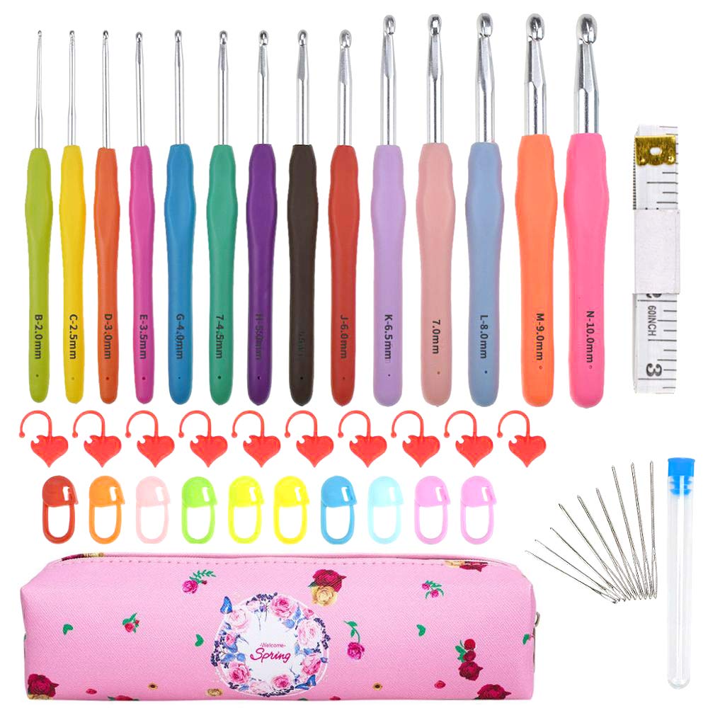 LOOEN Crochet Hooks Set, 14-Piece Ergonomic, Soft, Non-Slip Yarn Crochet Hook with Rubber Handles, Ideal for All Types of Patterns and Yarns
