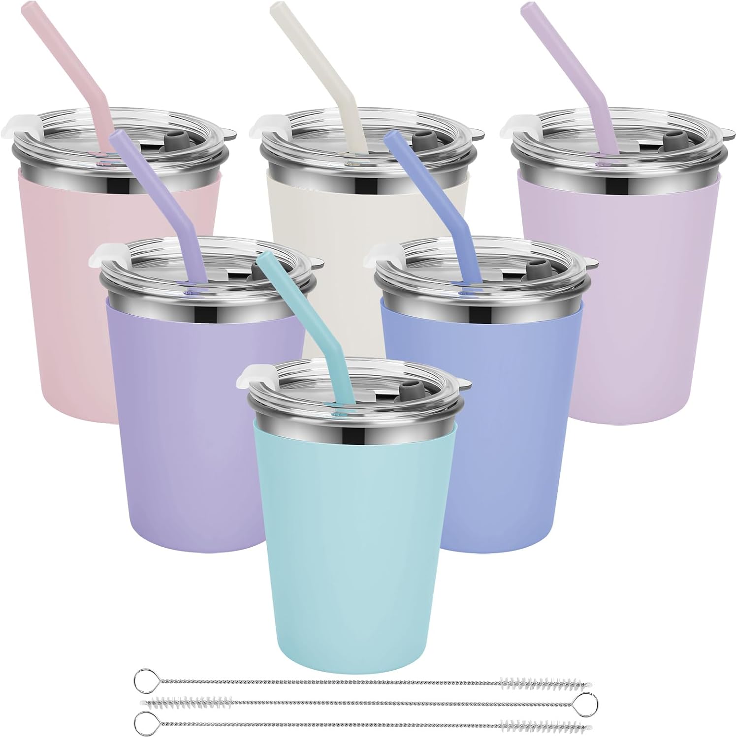 Yummy Sam 6 Pack Kids Cups with Silicone Straws and Lids 12oz Stainless Steel Water Drinking Bottle with Non-Slip Heat Insulation Light Color Full Sleeves for Children Adult School Outdoor Home Use