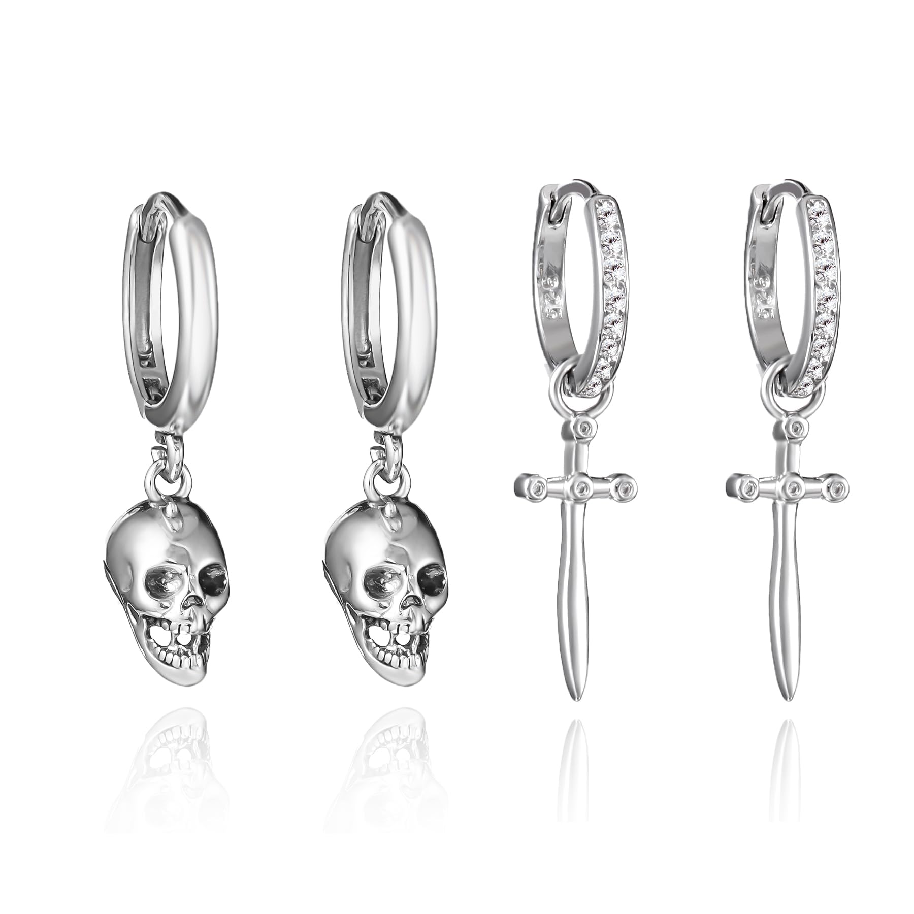 Gothic Sterling Silver Skull and Cross Sword Dangle Earrings Set 925 Sterling Silver Asymmetric Gothic Punk Jewelry for Women Men Stackable Dangle Earrings Unique Gift Idea