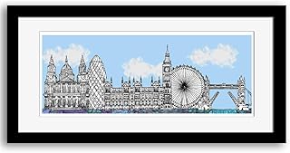 London skyline art print, Mounted, Framed, coloured background, 50cm x 23cm, London print