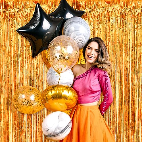 Image of 6 Pack Orange Foil Fringe Curtain Backdrop, 3.28Ft x 8.2Ft Metallic Tinsel Foil Fringe Streamer Curtains for Photo Booth, Christmas Day, Thanksgiving, Wedding, New Year Party Decorations