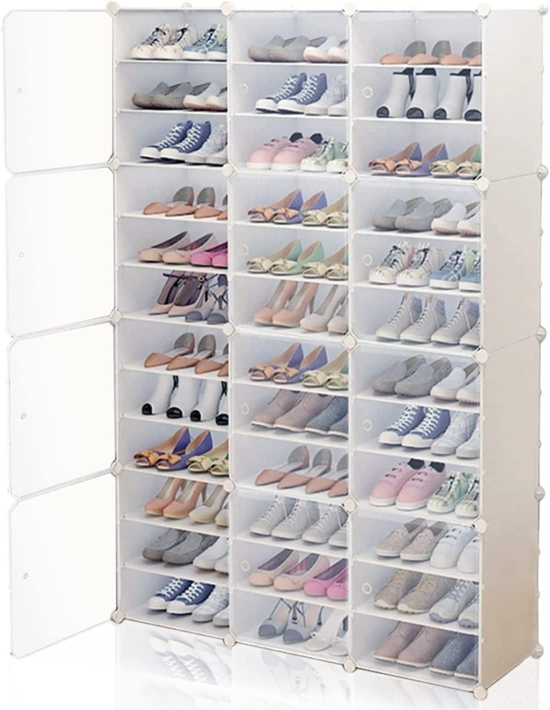 Portable Shoe Rack Organizer 12 Tier DIY Shoe Cabinet, 72 Pair White Plastic Stackable Closet Shoe Box Storage Cabinet for Entryway, Bedroom and Hallway Shoe Cabinet w/Doors