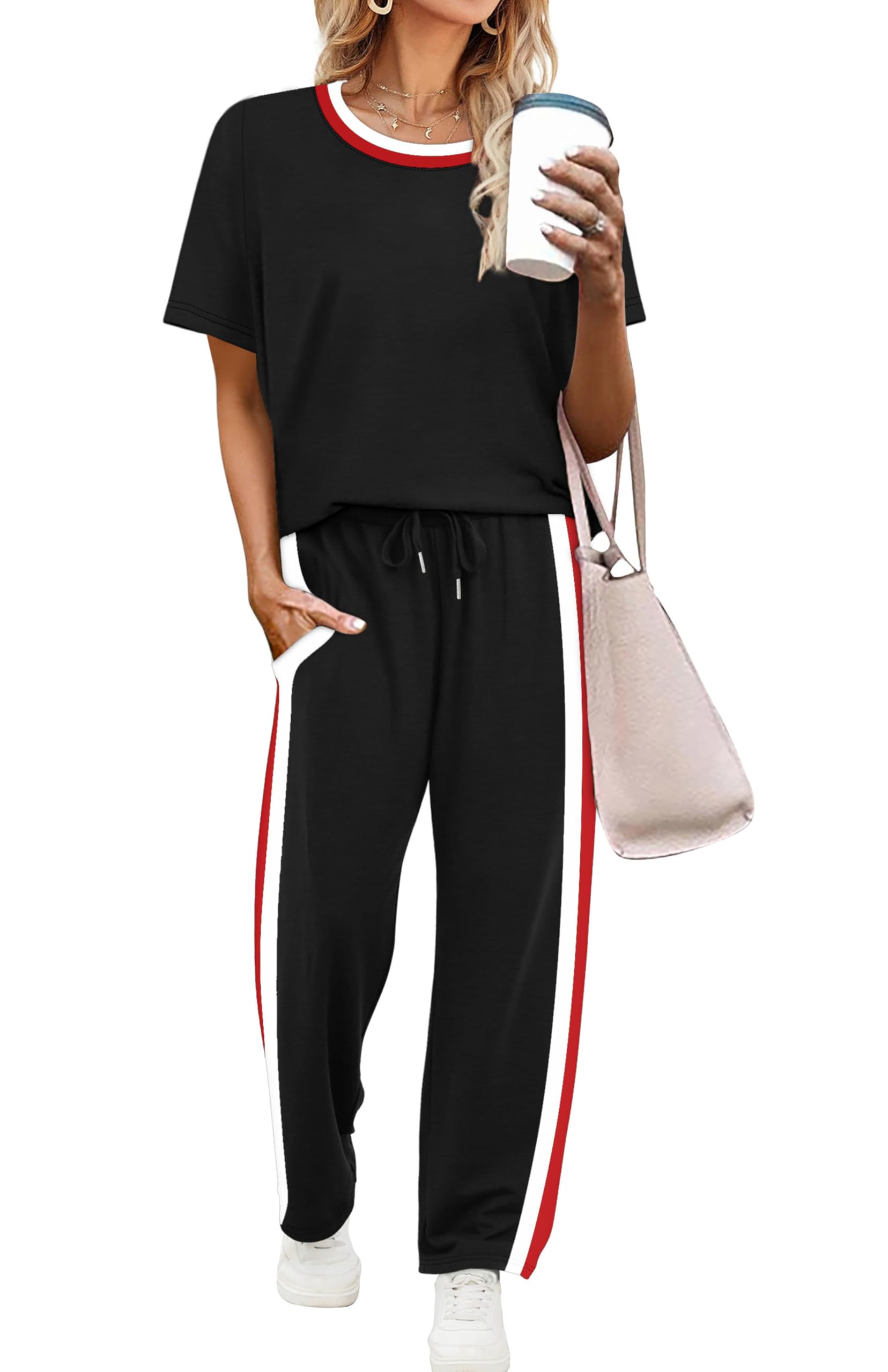 WIHOLL 2 Piece Lounge Sets for Women Matching Set Summer Outfits Short Sleeve Tops Wide Leg Pants with Pockets