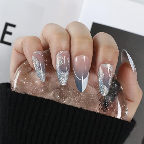 Miniatura 7 de Uñas postizas francesas medianas de almendra, uñas postizas acrílicas de cobertura completa con purpurina azul para mujeres y niñas, 24 unidades