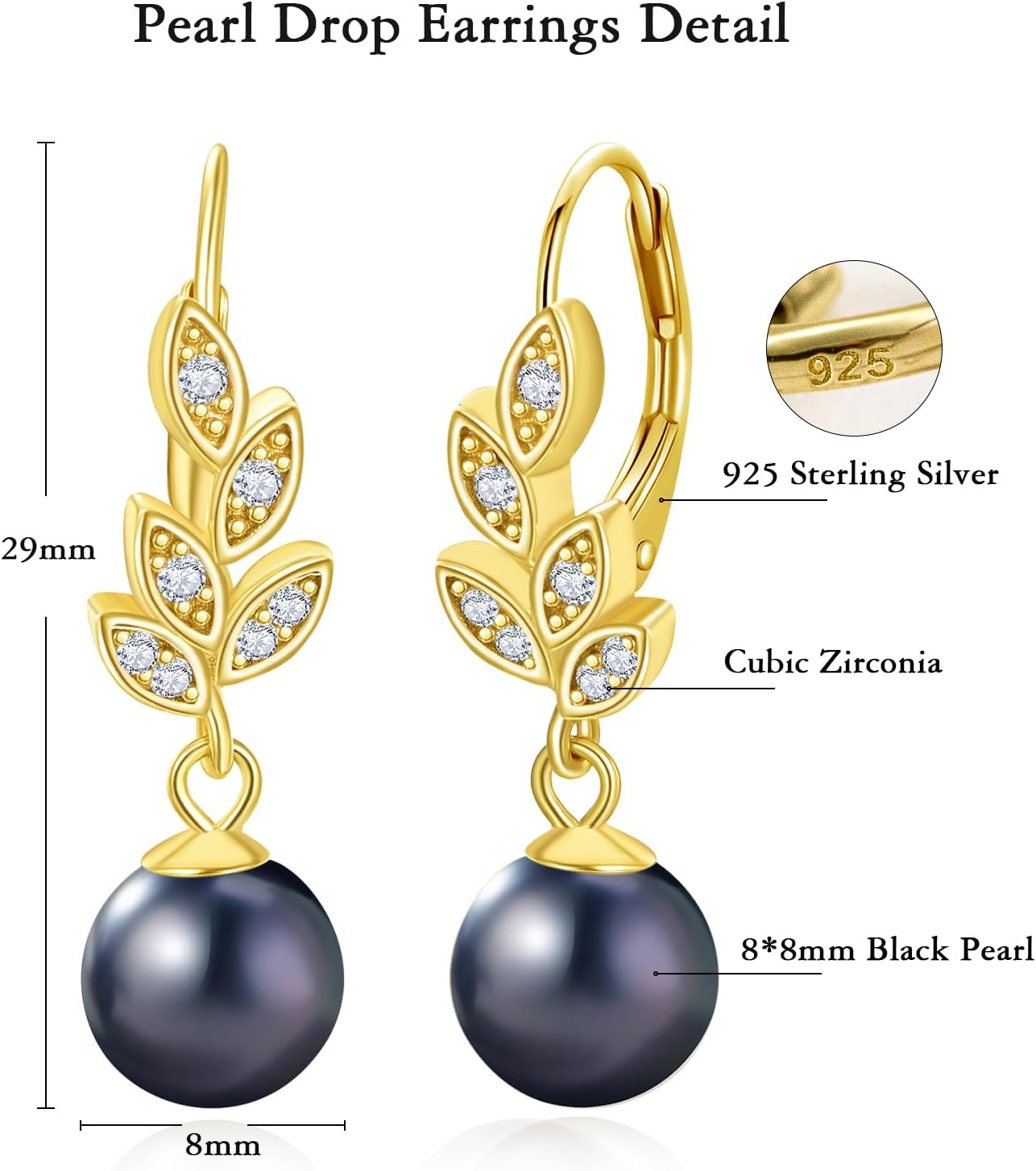 Pearl Dangle Earrings for Women - 14K Yellow Gold Plated Pearl Drop Earrings Leaf Cubic Zirconia Earrings 8mm Statement Drop Earrings Gifts for Brides Mom - Image 5