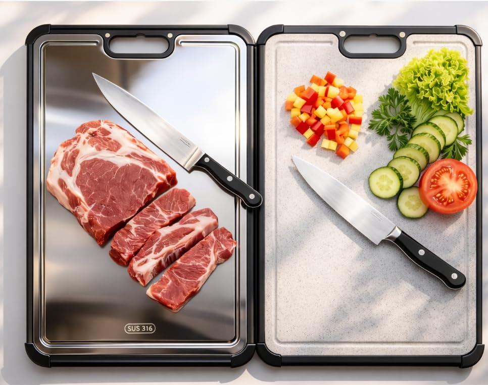 Premium 316 Stainless Steel Cutting Board for Kitchen– Double Sided,& BPA-Free Chopping Board with Food-Grade Steel &Eco-Friendly Wheat Straw PP,for