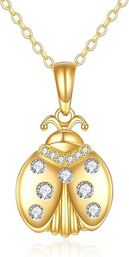 KECHO Collar de mariquita de oro de 14 quilates para mujer, regalo de joyería de mariquita de oro real, 16 pulgadas + 2 pulgadas, Yellow Gold, Circón