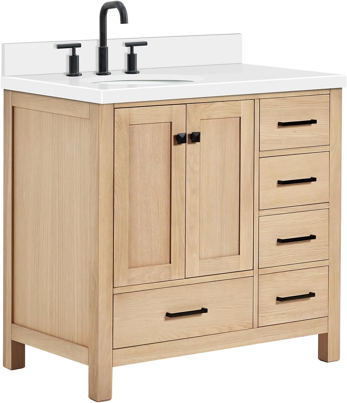 ARIEL Cambridge 36-inch Bathroom Vanity with Sink,Solid Wood, 1.5-inch Pure White Quartz Countertop & Backsplash, Single Oval Porcelain Sink, 2 Soft Closing Doors, 5 Dovetail Drawers, White Oak