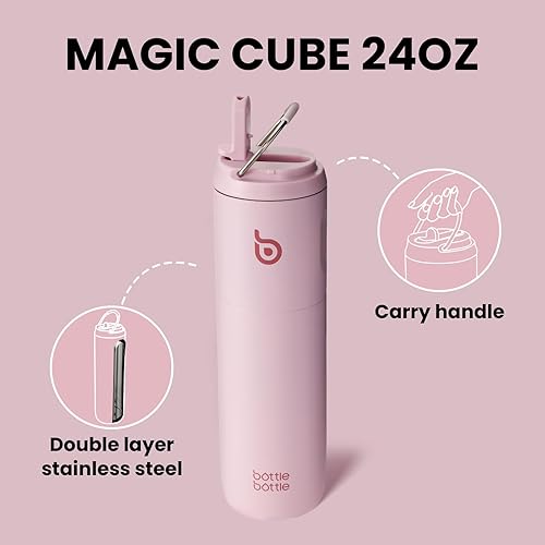 Vista 3 de BOTTLE BOTTLE Botella de agua aislada de 24 onzas con tapa de popote y asa para deportes, viajes, gimnasio, botellas de agua de acero inoxidable
