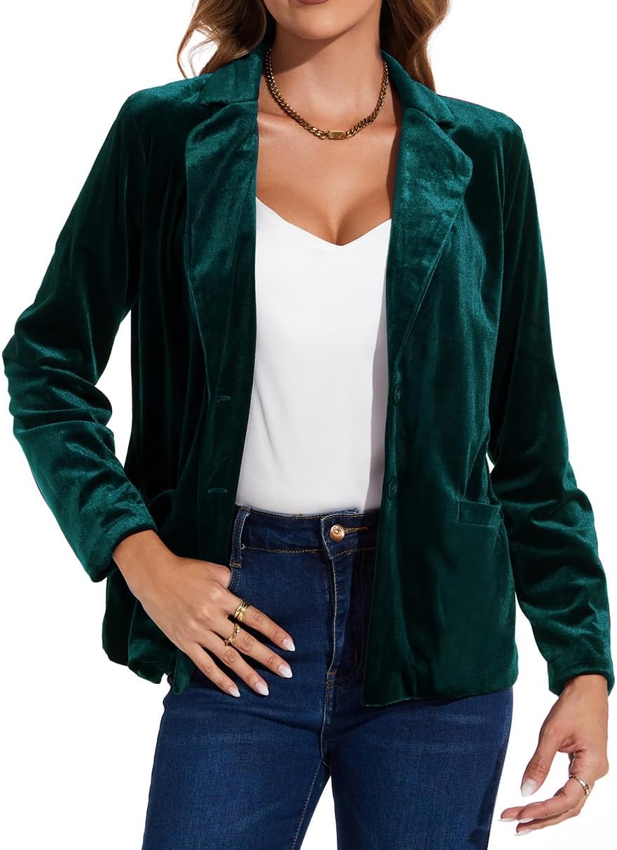 MINTLIMIT Velvet Blazer Jacket for Women Classic Casual Formal Notched Lapel Button Front Cardigan Blazer Tailored Velvet Jacket Coat, 2XL, Dark Green
